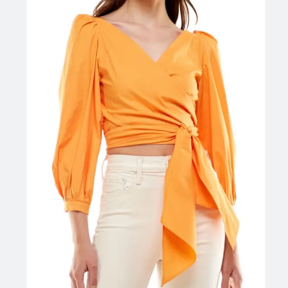 WAYF Jada Balloon Sleeve Wrap Crop Top Size Small in Cantaloupe